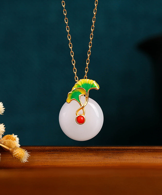 Simple White Sterling Silver Overgild Jade Ginkgo Leaf Ping Buckle Pendant Necklace Kx1076