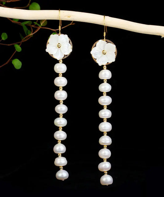 Sterling Silver Overgild Pearl Shell Flower Tassel Drop Earrings