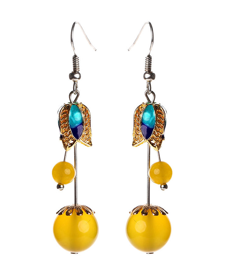 Skinny Yellow Jade Cloisonne Drop Earrings