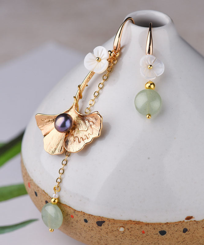 Style Asymmetrical Design Flower 14k Gold Jade Drop Earrings