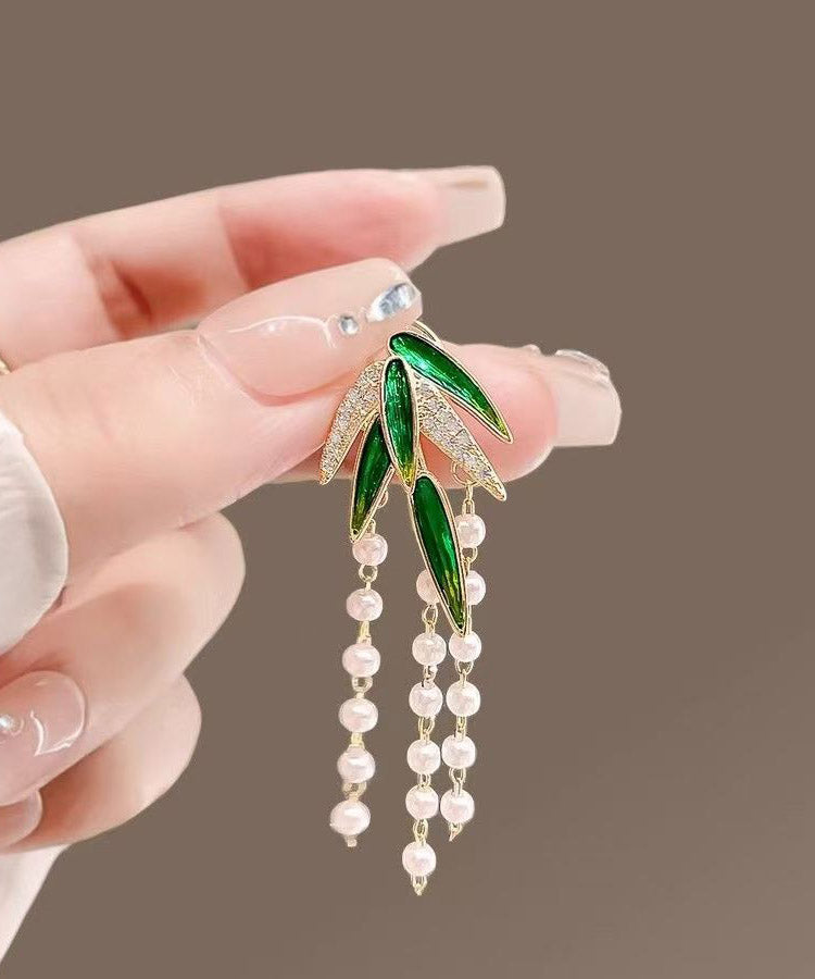 Style Green Alloy Zircon Bamboo Leaf Pearl Tassel Brooches