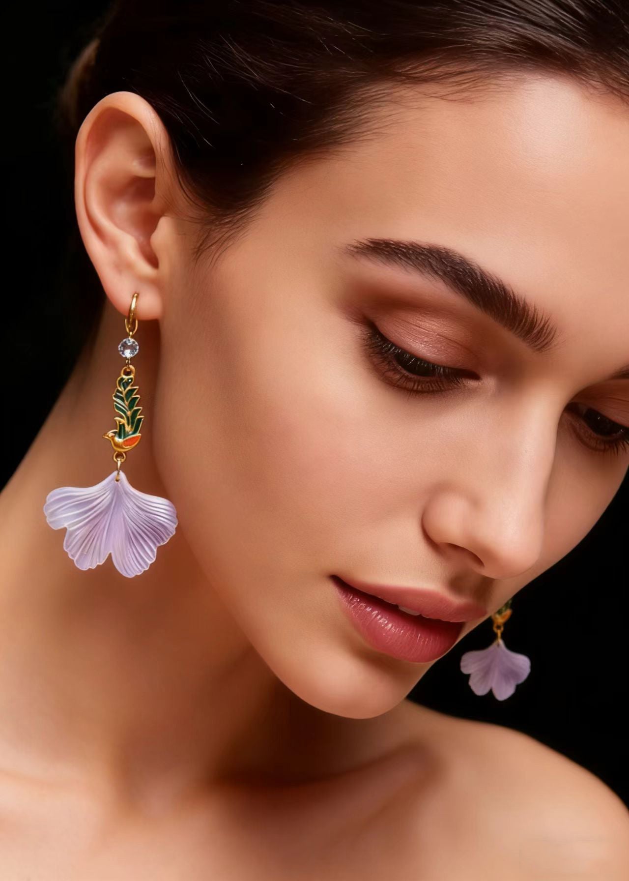 Style Light Purple Ginkgo Leaf Peacock Gilding Drop Earrings