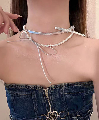 Style Silk Copper Portex Pearl Bow Pendant Necklace Yr014