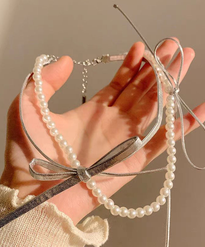 Style Silk Copper Portex Pearl Bow Pendant Necklace Yr014