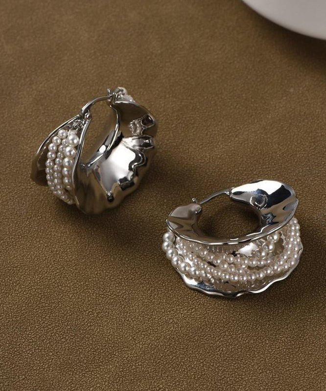 Style Silk Sterling Silver Pearl Hoop Earrings