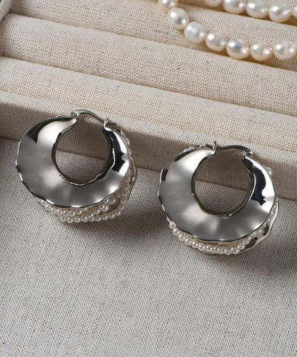 Style Silk Sterling Silver Pearl Hoop Earrings