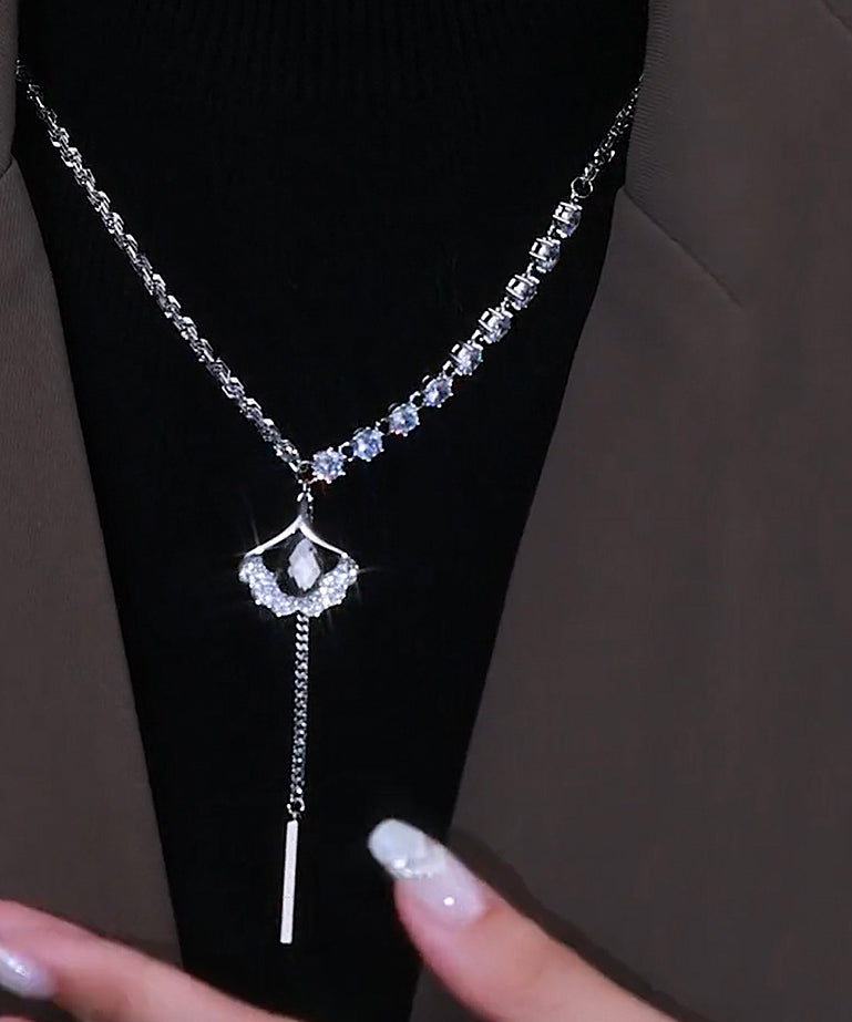 Style Silk Sterling Silver Zircon Ginkgo Leaf Tassel Lariat Necklace Gh1004
