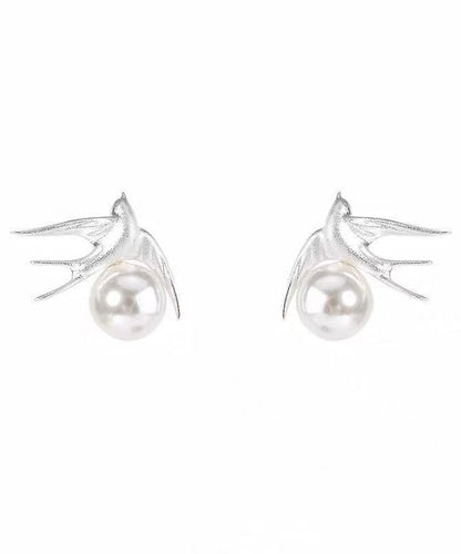 Style White Sanding Little Bird Pearl Stud Earrings