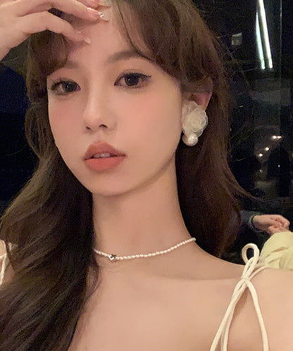 Stylish Beige Pearl Chiffon Hoop Earrings