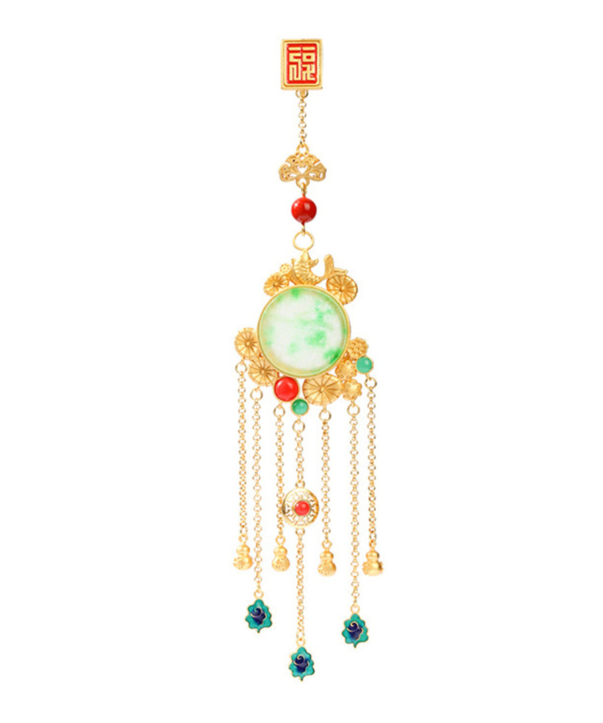 Stylish Gold Ancient Gold Auspicious Clouds Enamel Agate Tassel Brooches Kx1075