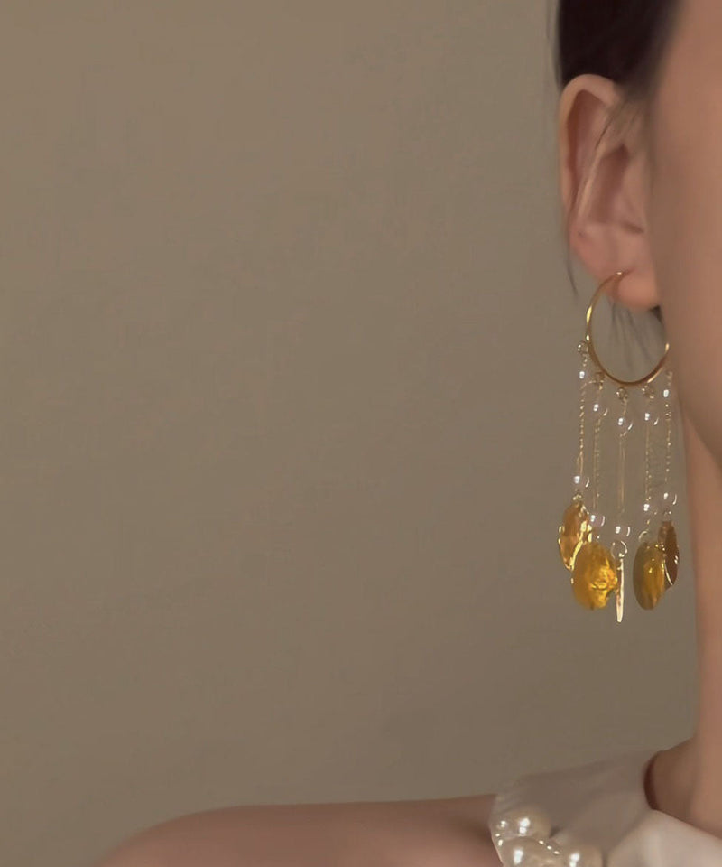 Stylish Gold Copper Alloy Pearl Circle Tassel Hoop Earrings