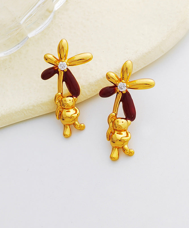 Stylish Gold Copper Overgild Oil Drip Zircon Little Bear Stud Earrings