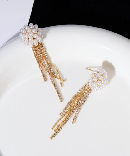 Stylish Gold Silver Silver Overgild Pearl Tassel Drop Earrings