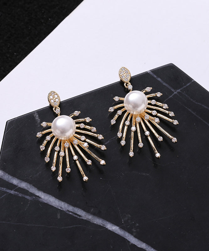 Stylish Gold Sterling Silver Copper Zircon Pearl Drop Earrings Kx1018