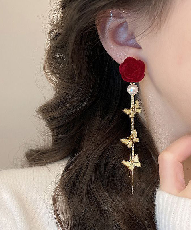 Stylish Mulberry Sterling Silver Alloy Flocking Pearl Butterfly Drop Earrings