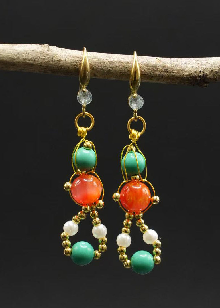 Stylish Orange Crystal and Fine Turquoise Drop Earrings