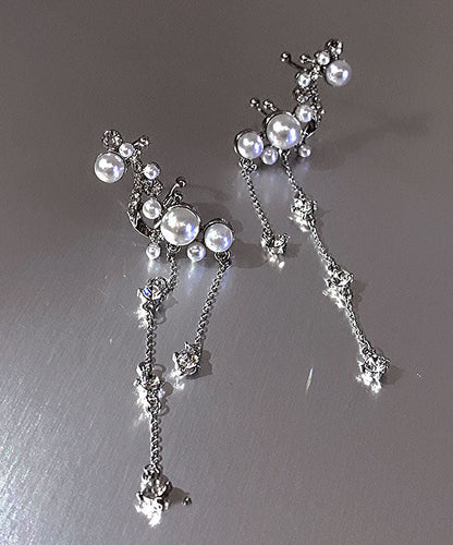 Stylish Silk Copper Zircon Pearl Tassel Drop Earrings