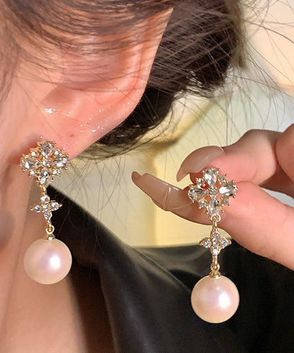 Stylish White Alloy Zircon Resin Pearl Drop Earrings