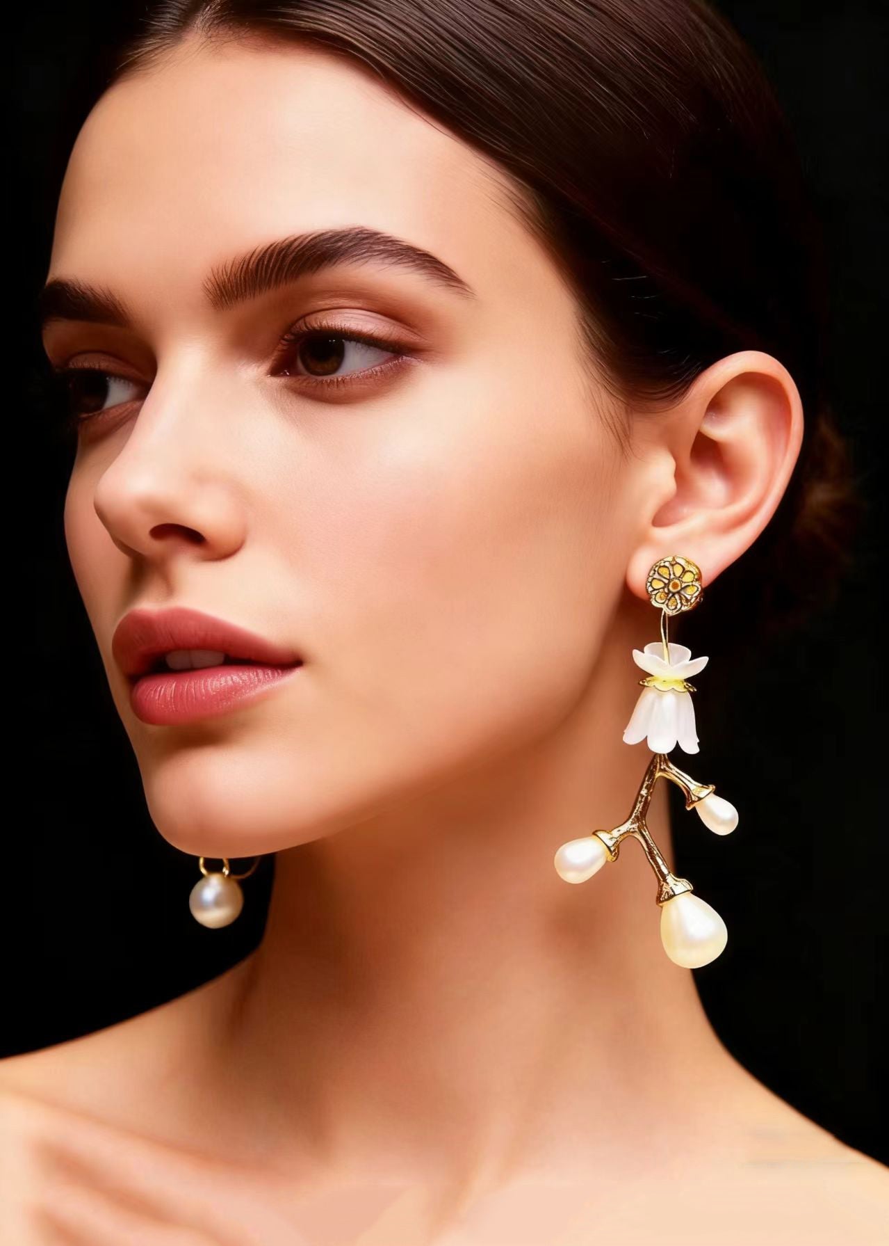 Stylish White Pearl Golden Branch Drop Earrings