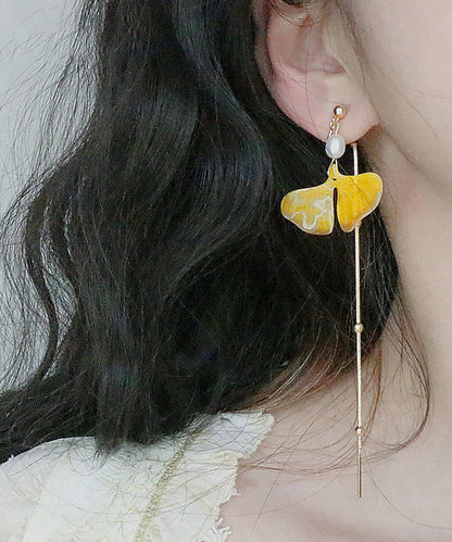 Stylish Yellow 14k Gold Pearl Ginkgo Leaf Tassel Drop Earrings Gh1070