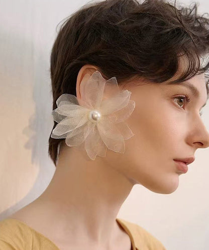 Unique Asymmetric Tulle Flower Pearl Stud Earrings