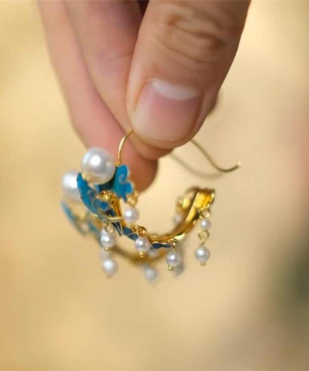 Unique Blue Sterling Silver Overgild Enamel Pearl Tassel Hoop Earrings Gh1074
