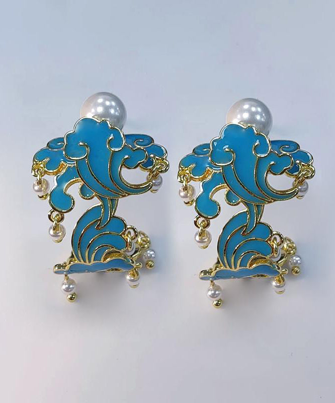 Unique Blue Sterling Silver Overgild Enamel Pearl Tassel Hoop Earrings Gh1074