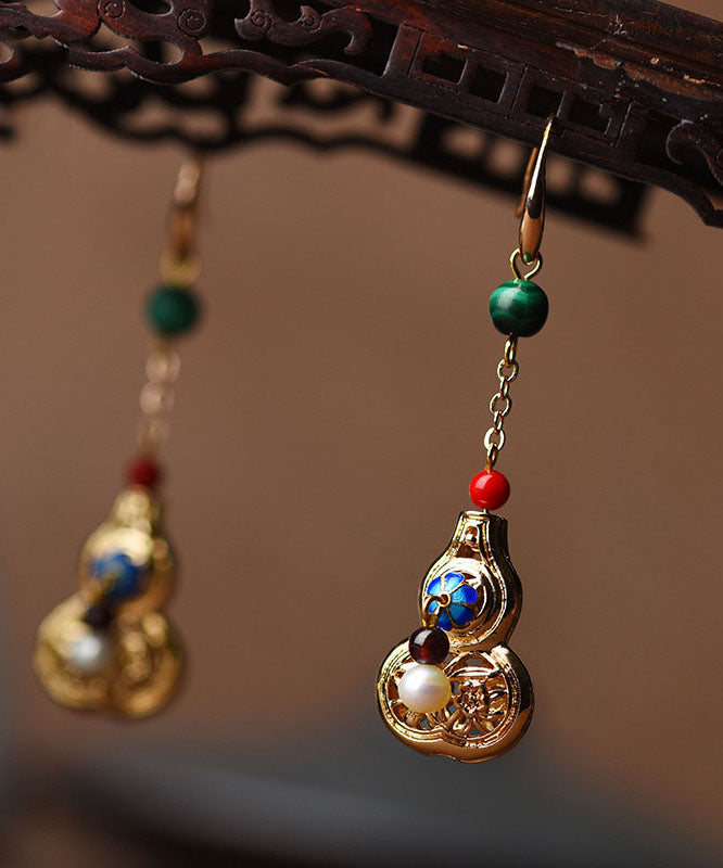 Unique Gold Color Gourd Original Design 14k Gold Drop Earrings