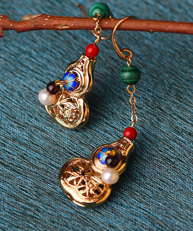 Unique Gold Color Gourd Original Design 14k Gold Drop Earrings