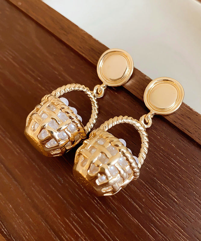 Unique Gold Copper Alloy Pearl Small Carrying Basket Hollow Outdrop Earrings