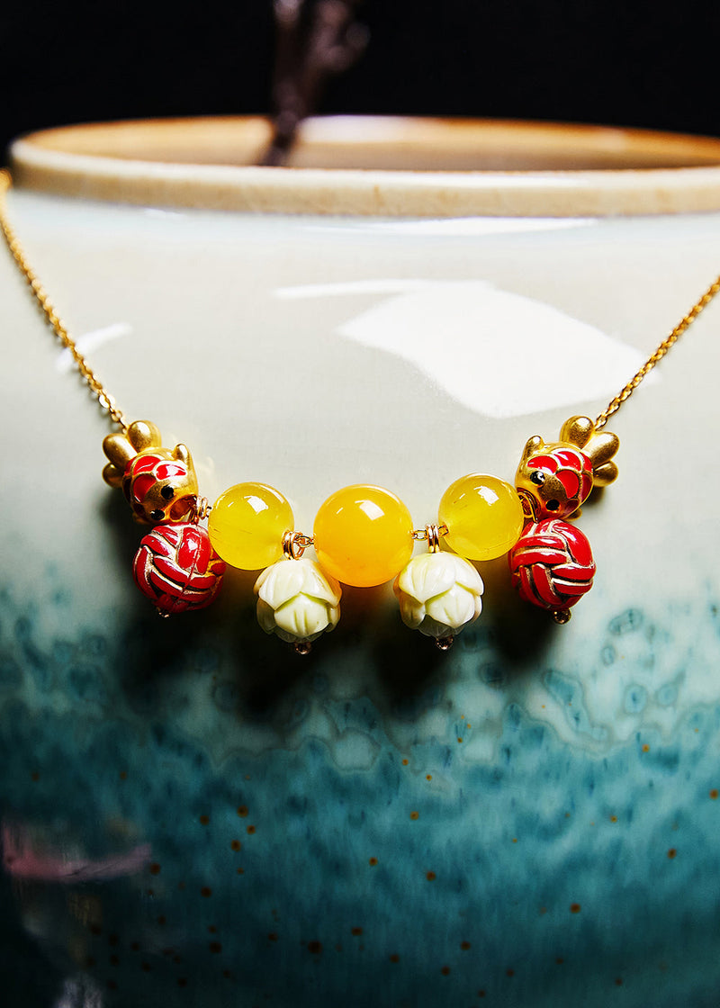 Unique Lotus Bead Fish Beeswax Pendant Necklace