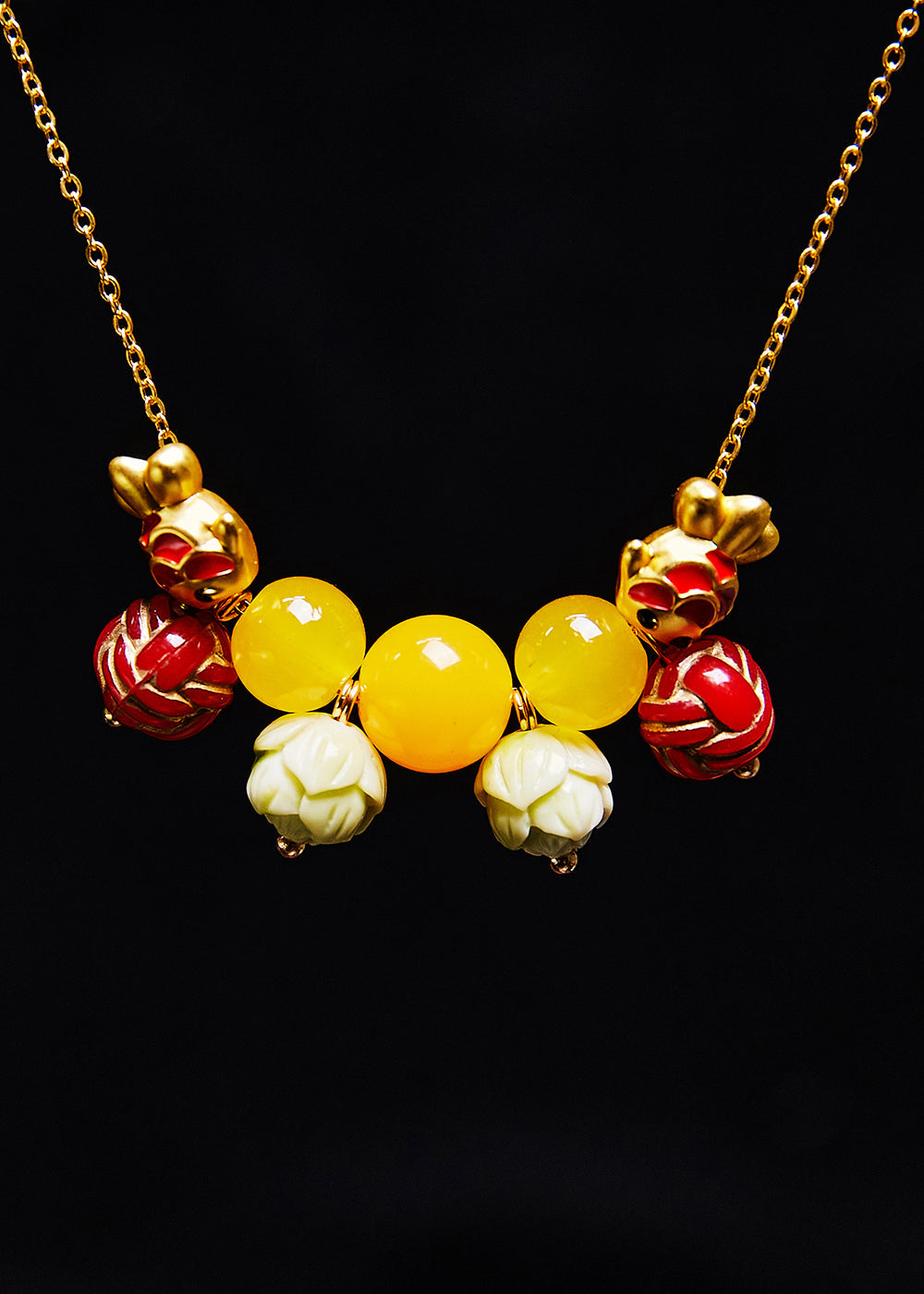 Unique Lotus Bead Fish Beeswax Pendant Necklace