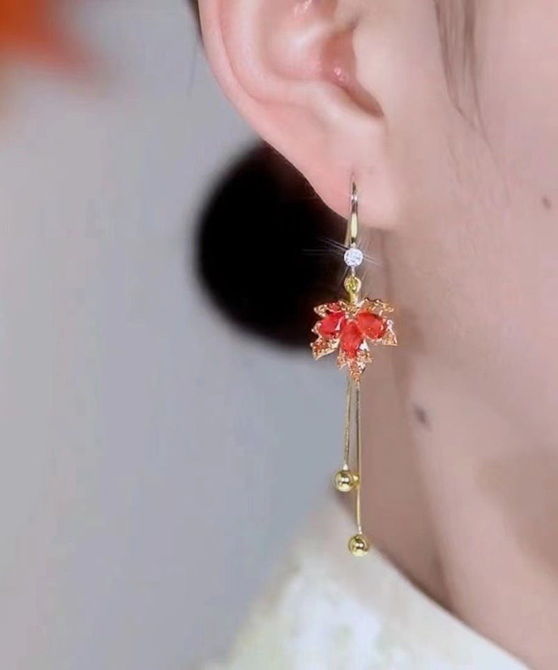 Unique Red Sterling Silver Overgild Zircon Maple Leaves Tassel Drop Earrings
