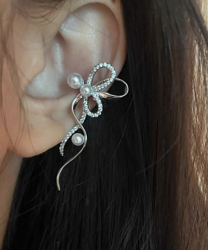 Unique Silk Metal Zircon Pearl Bow Ribbon Stud Earrings