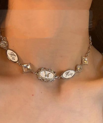 Unique White Alloy Zircon Drip Glaze Butterfly Collar Necklace