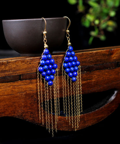 Blue 14k Gold Gem Stone Tassel Drop Earrings