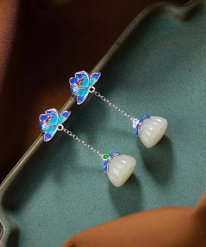 Blue Silver Jade Drop Cloisonne Lotus Earrings