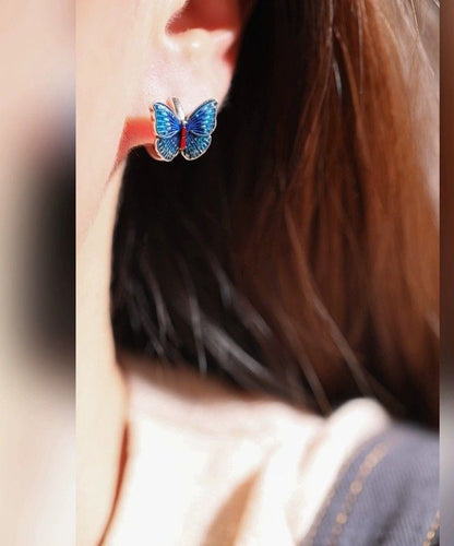 Blue Sterling Silver Butterfly Cloisonne Hoop Earrings