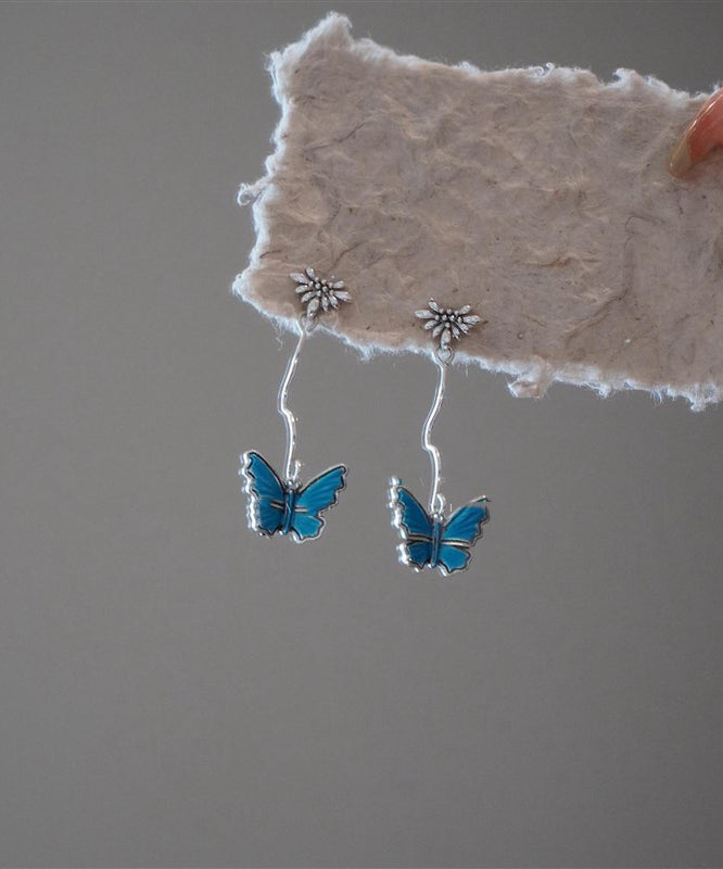 Blue Sterling Silver Overgild Asymmetrical Butterfly Drop Earrings