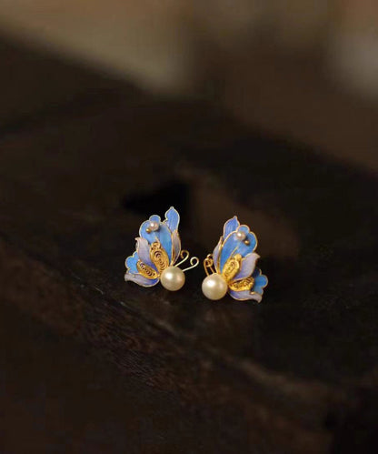 Blue Sterling Silver Overgild Pearl Butterfly Hollow Out Stud Earrings
