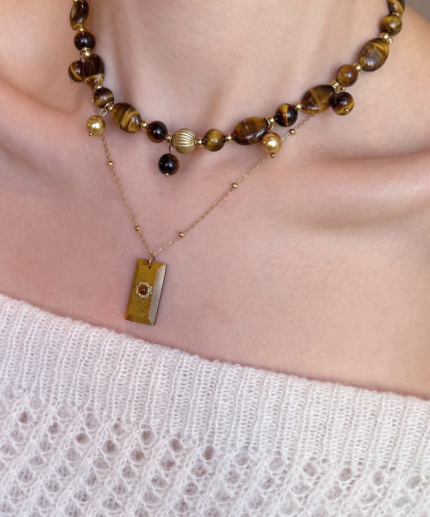 Brown Tiger's Eye Stringing Beads Layering Alloy Two Piece Set Necklace