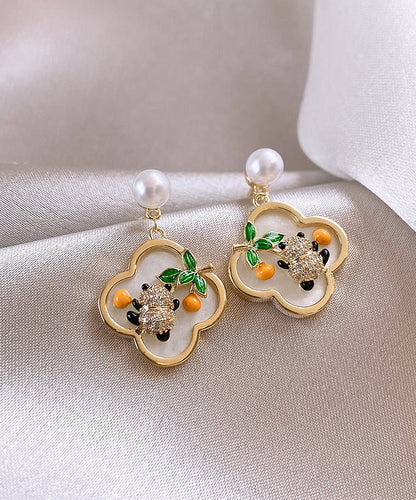 Gold Sterling Silver Alloy Panda Pearl Stud Earrings