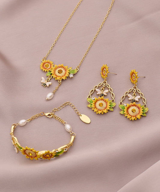 Gold Zircon Sunflower Pearl Tassel Lariat Necklace Bracelet and Drop Earrings Three Piece Set Et035