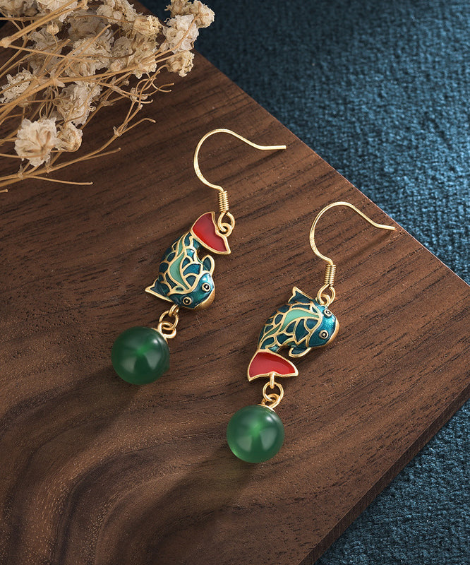 Green Ancient Gold Chalcedony a Fish Leaping Over the Dragon Gate Drop Earrings