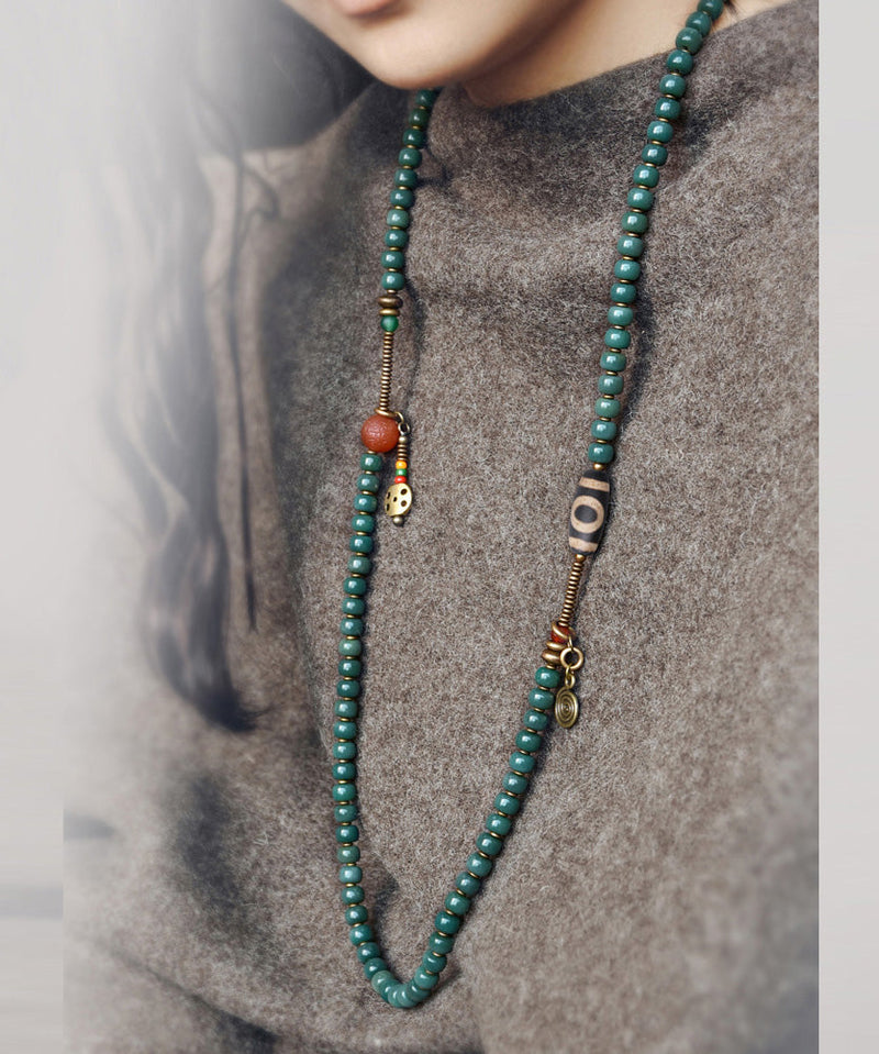 Green Copper Bodhi Beading Tassel Charm Bracelet Necklace