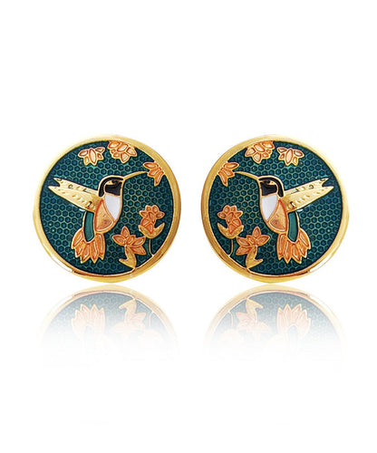 Green Hummingbird Among Flowers Stud Earrings
