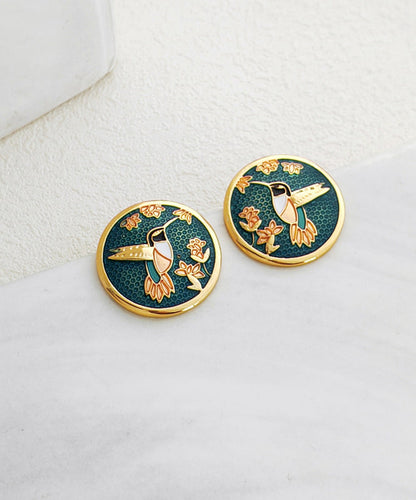 Green Hummingbird Among Flowers Stud Earrings