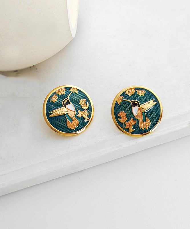 Green Hummingbird Among Flowers Stud Earrings