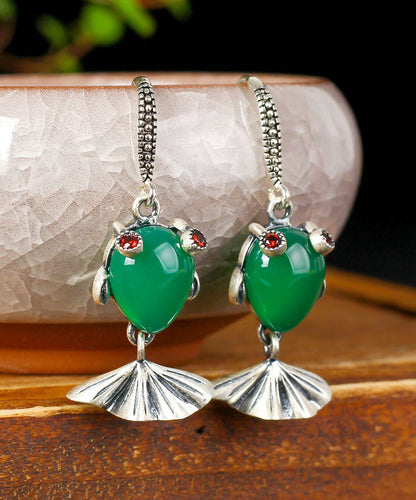 Green Sterling Silver Inlaid Gem Stone Chalcedony Goldfish Drop Earrings