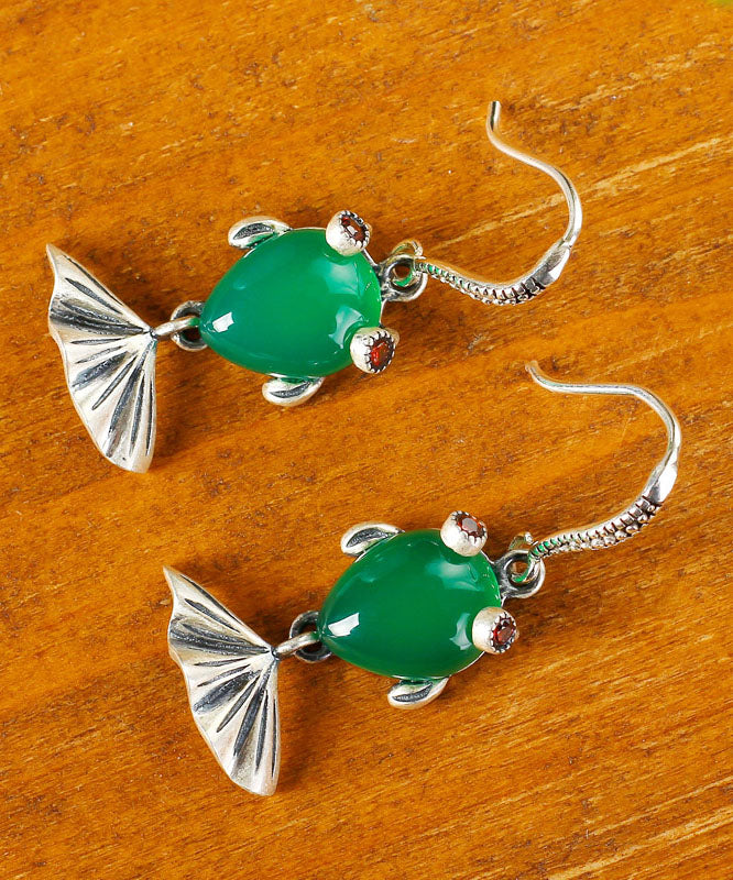 Green Sterling Silver Inlaid Gem Stone Chalcedony Goldfish Drop Earrings